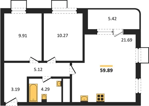 Квартира 2-комн. 59.89 кв. м