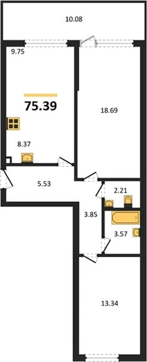 Квартира 2-комн. 75.39 кв. м