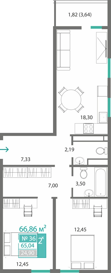 Квартира 2-комн. 65.04 кв.м