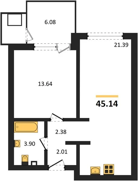 Квартира 1-комн. 45.14 кв. м