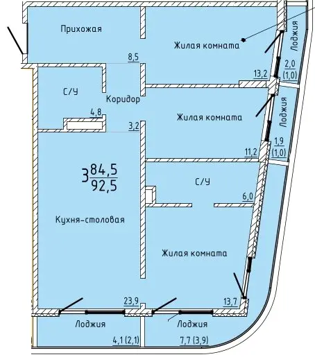 Квартира 3-комн. 92.5 кв. м