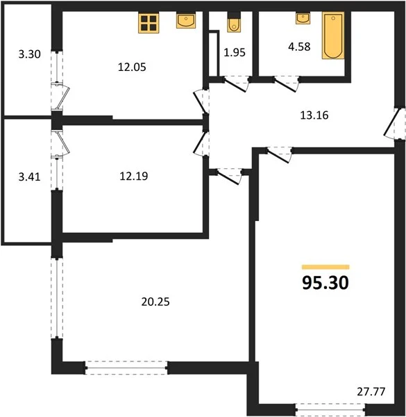 Квартира 3-комн. 95.3 кв. м