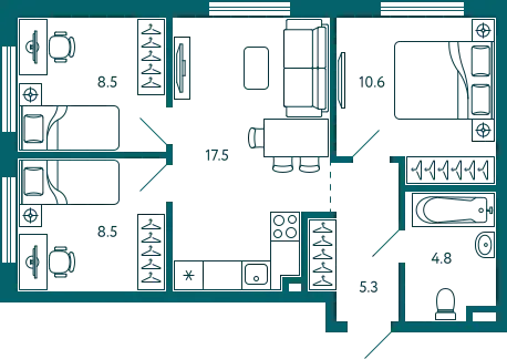 Квартира 3-комн. 55.2 кв.м