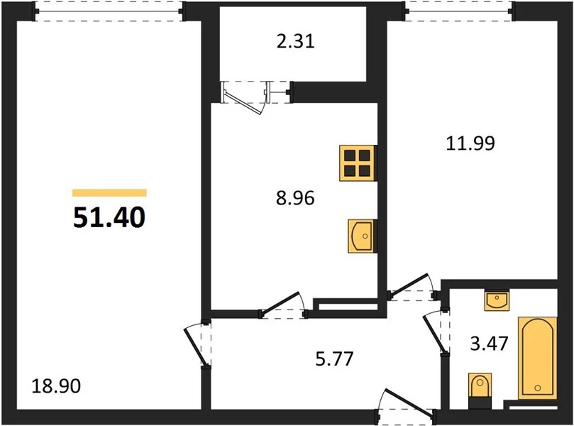 Квартира 2-комн. 51.4 кв. м