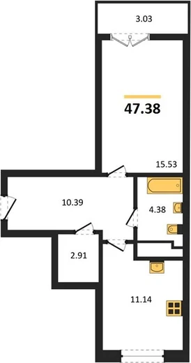 Квартира 1-комн. 47.38 кв. м