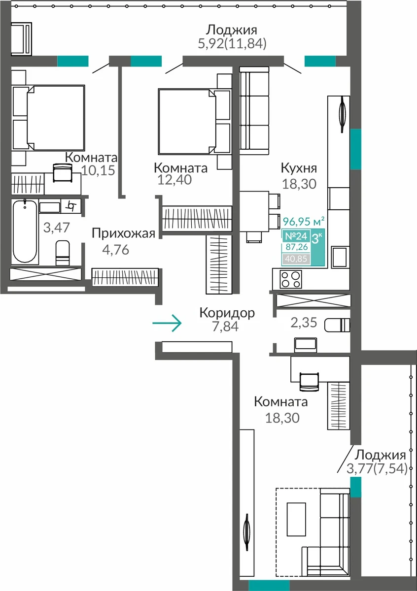Квартира 3-комн. 87.26 кв.м