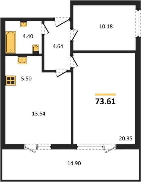 Квартира 2-комн. 73.61 кв. м