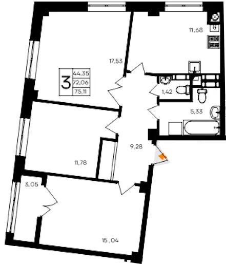 Квартира 3-комн. 75.11 кв. м