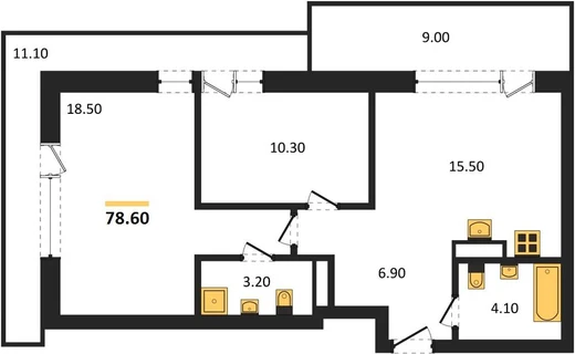 Квартира 2-комн. 78.6 кв. м