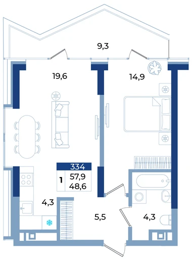 Апартаменты 1-комн. 57.9 кв.м