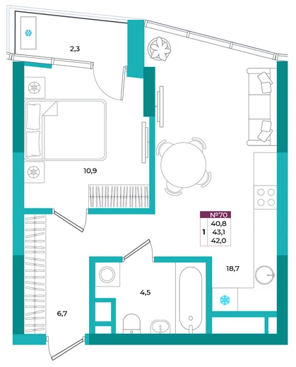 Квартира 1-комн. 42 кв.м
