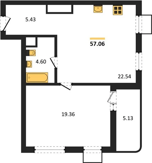 Квартира 1-комн. 57.06 кв. м
