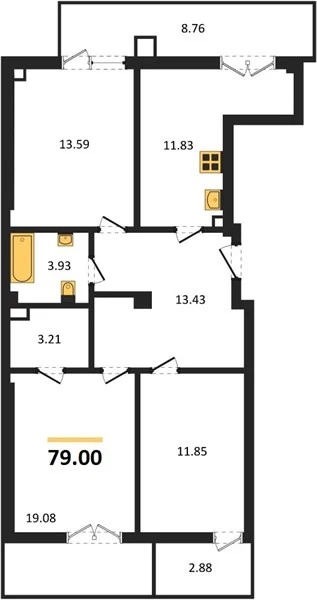 Квартира 3-комн. 79 кв. м