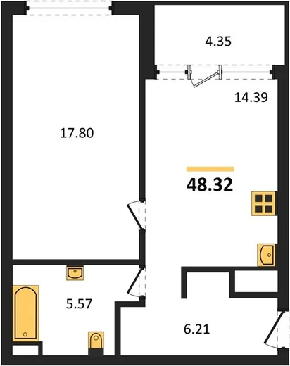 Квартира 1-комн. 48.32 кв. м