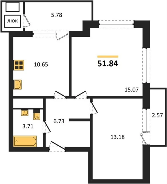 Квартира 2-комн. 51.84 кв. м