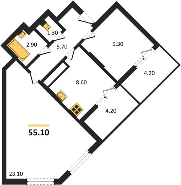 Квартира 2-комн. 55.1 кв. м
