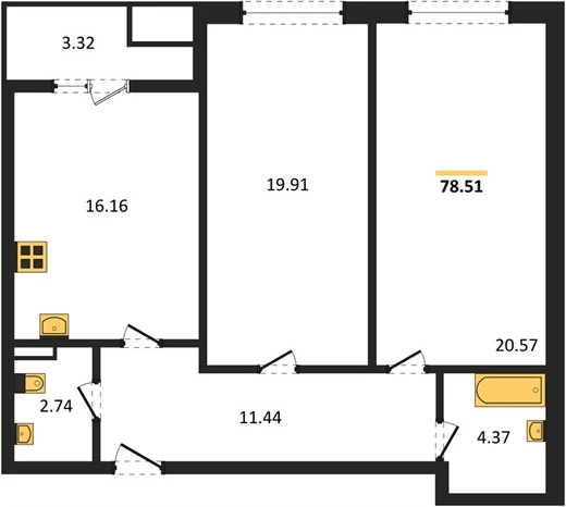 Квартира 2-комн. 78.51 кв. м
