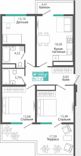Квартира 3-комн. 95.71 кв.м