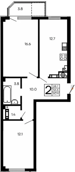 Квартира 2-комн. 60.4 кв. м