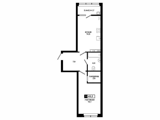 Квартира 1-комн. 45.2 кв. м