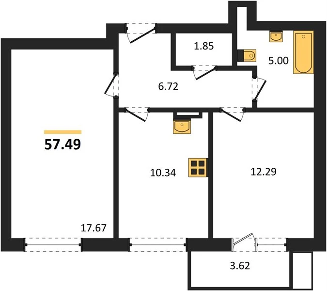 Квартира 2-комн. 57.49 кв. м