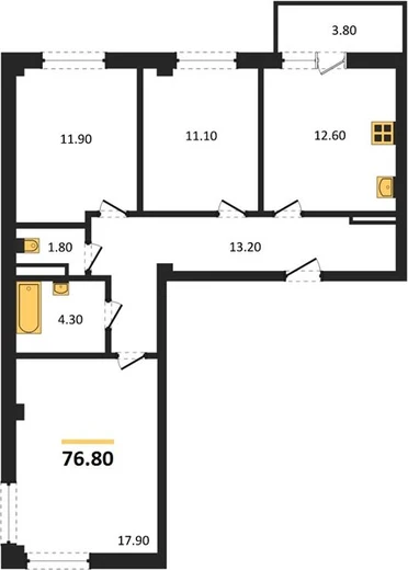 Квартира 3-комн. 76.8 кв. м