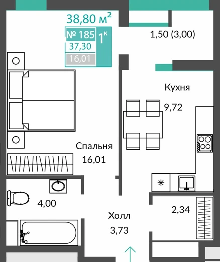 Квартира 1-комн. 37.3 кв.м