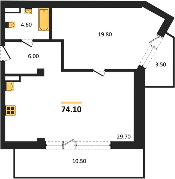 Апартаменты 2-комн. 74.1 кв. м