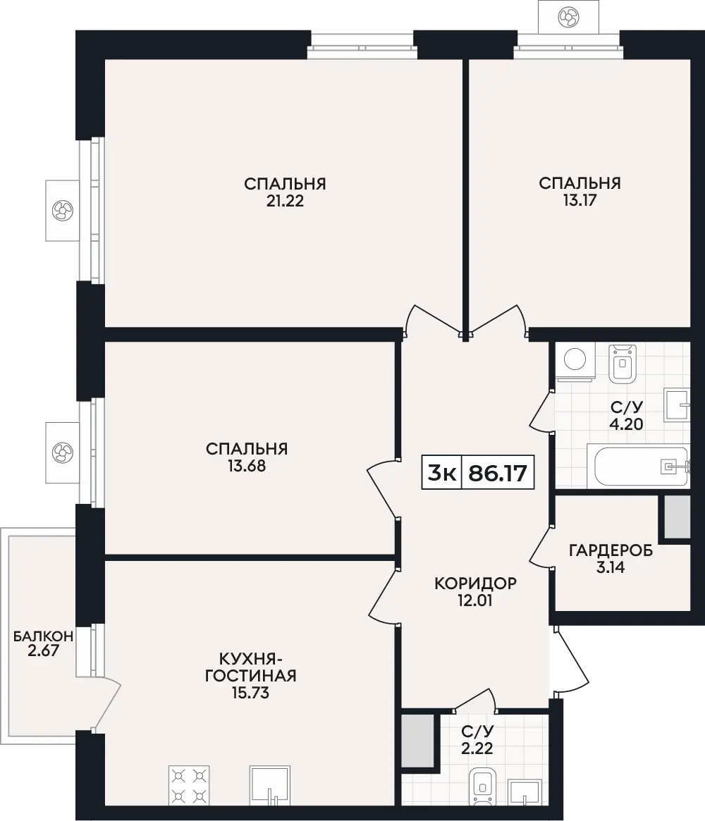 Квартира 3-комн. 86.17 кв. м