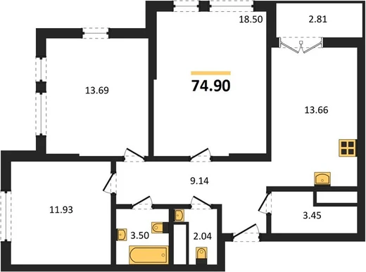 Квартира 3-комн. 74.9 кв. м