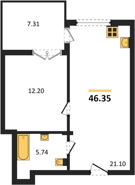 Квартира 1-комн. 46.35 кв. м