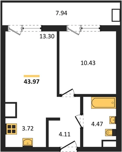 Апартаменты 1-комн. 43.97 кв. м