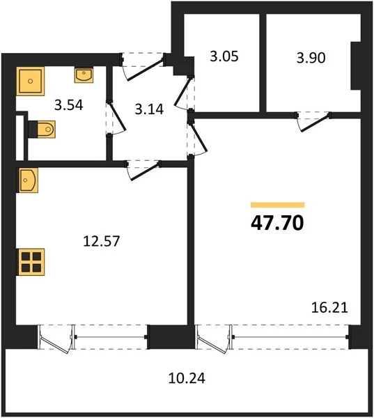 Квартира 1-комн. 47.7 кв. м
