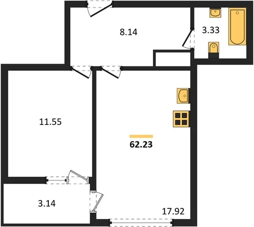 Квартира 1-комн. 62.23 кв. м