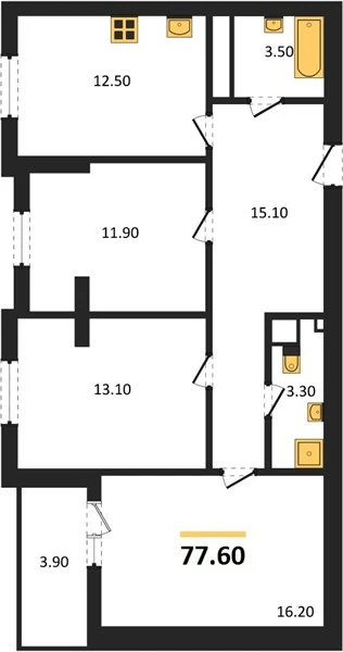 Квартира 3-комн. 77.6 кв. м