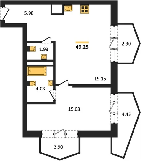 Квартира 1-комн. 49.25 кв. м
