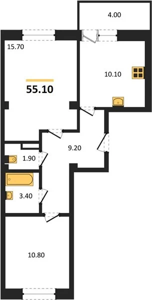 Квартира 2-комн. 55.1 кв. м