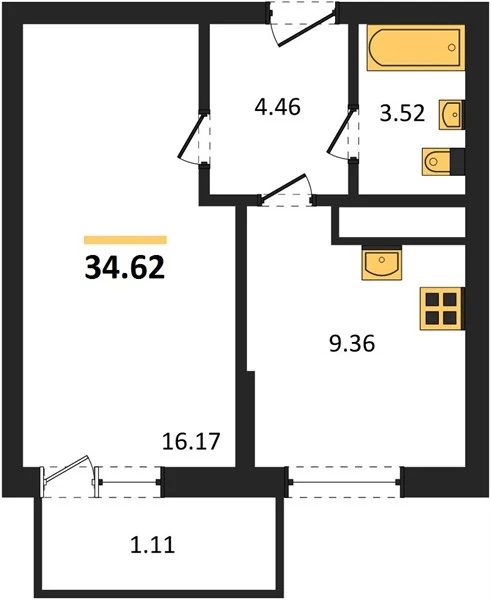 Квартира 1-комн. 34.82 кв. м