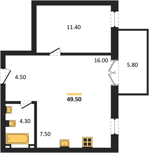 Квартира 1-комн. 49.5 кв. м
