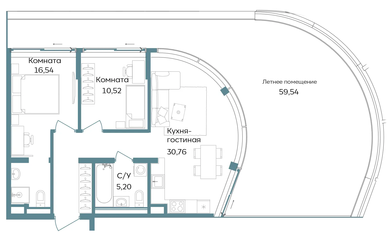 Апартаменты 2-комн. 122.56 кв. м