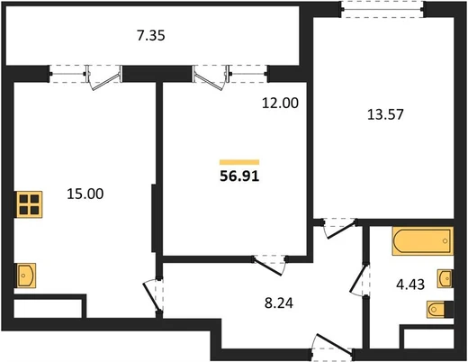 Квартира 2-комн. 56.91 кв. м