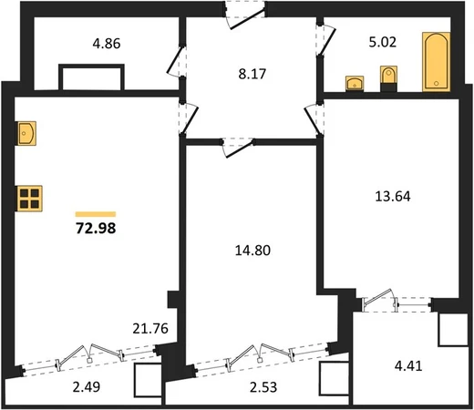 Квартира 2-комн. 72.98 кв. м
