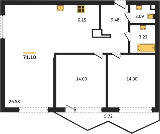 Квартира 2-комн. 71.1 кв. м
