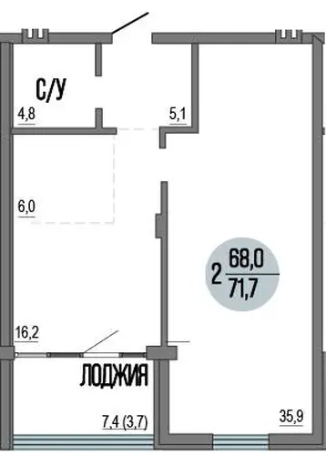 Квартира 1-комн. 71.7 кв. м