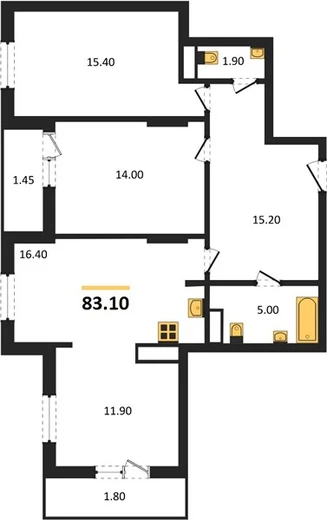 Квартира 2-комн. 83.1 кв. м