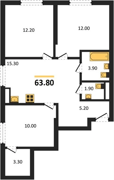 Квартира 3-комн. 63.8 кв. м