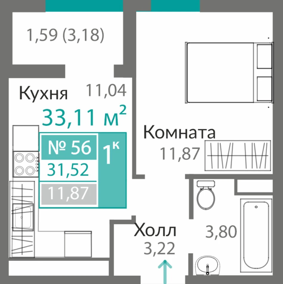 Квартира 1-комн. 31.52 кв.м