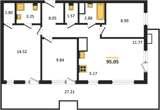 Апартаменты 3-комн. 95.05 кв. м