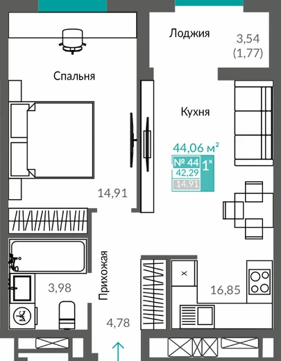 Квартира 1-комн. 42.29 кв.м