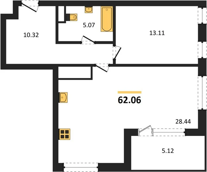 Квартира 1-комн. 62.06 кв. м